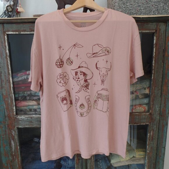 Mighty Fine Cowboy Theme NWOT TEE Peach, Brown & Gold Shirt MEDIUM - Picture 2 of 5